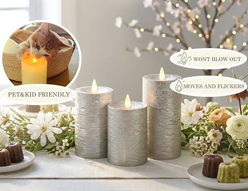 Image of Shiny Metallic Silver Flameless Pillar Candles, Patented 3D Realistic Moving Flickering Flame with Remote Timer, Battery Operated 400hrs for Wedding, Holiday, Party, Decor, Gift(Set of 3)