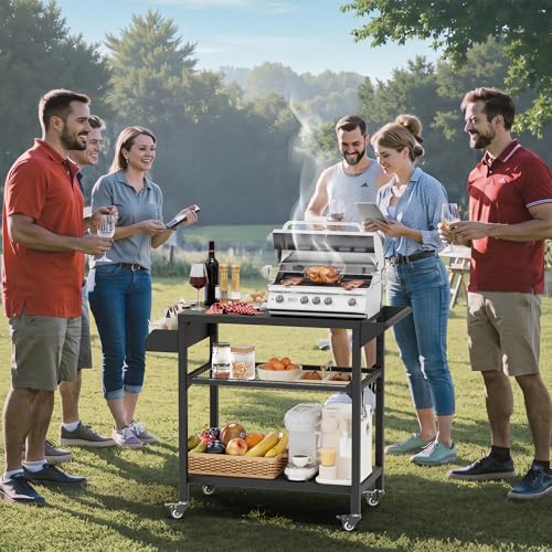 Image of SUNCROWN Outdoor Grill Table with Wheels, Kitchen Cooking Prep Tables Movable BBQ Grill Cart for Garden, Camping, Home Party, Bar, Pizza Oven Table Stand