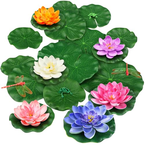 QUOZUO Lot de 22 fleurs de lotus flottantes artificielles en mousse avec feuilles de lotus artificielles, coussinets de lys pour lac, plantes d'étang,...