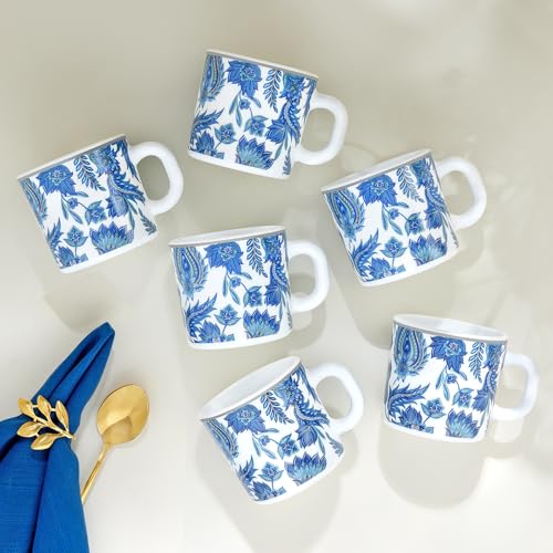 Image of Larah by BOROSIL 180ml x 6pc Opalware New Iris Tea /Coffee Mug Set, Microwave & Dishwasher Safe Embossed Design Crockery Set Ideal for Daily Use & Gifting