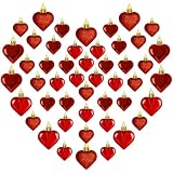 48PCS Heart Shaped Ornaments, Red Heart Shaped Ornaments, Valentines Heart Hanging Ornaments in 2 Sizes, Glossy Heart Baubles for Valentines Wedding Christmas Tree Party Decorations