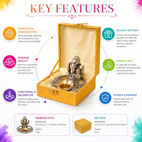 Image of CraftVatika Ganesha Idol with Diya Stand, Ganesha Diya with Gift Box, Home Decoration Items, Festival Return Gift for Woman Diwali Wedding Anniversary Event Housewarming Gifts for Ladies Guest, Family