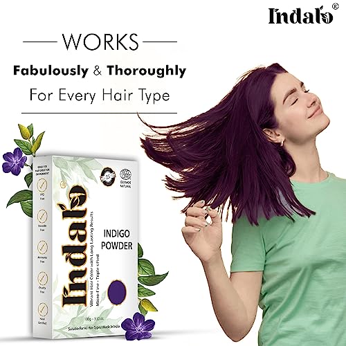 Image of Indalo Natural Indigo (Indigofera Tinctoria) Hair Colour Powder, No Ammonia, No PPD, No Paraben, Conditioning Hair Growth & Anti-Dandruff for Hair Colour for Men & Women (100gm, Pack of 1)