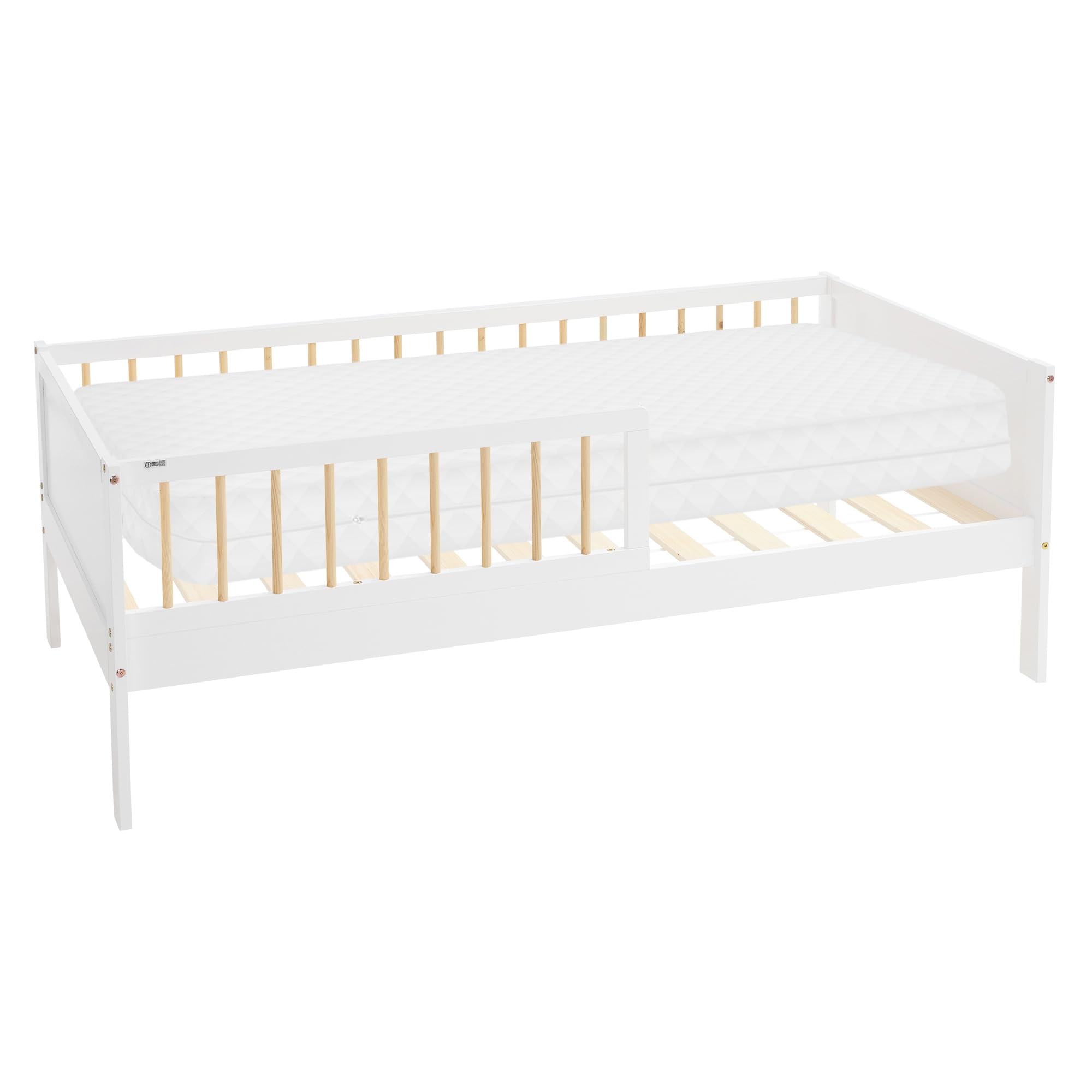 ML-Design Letto per Bambini e Bambine 80x160 cm Bianco-Naturale con Materasso Lettino Singolo in Legno Massiccio con Rete a Doghe e Protezione Anticaduta Letto per Giovani in Legno di Pino