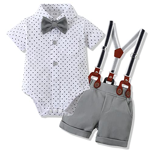 Image of WESIDOM Baby Boy Clothes Suit 0-24 Months Gentleman Outfits, Short Sleeve Dress Romper+Bowtie+Detachable Suspender Shorts Set