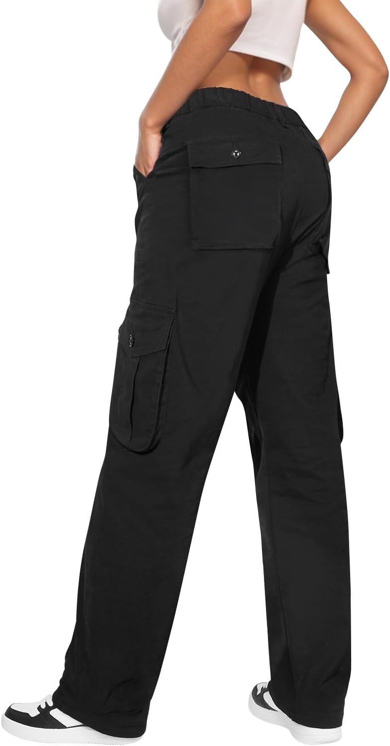 🏆 High Waist Stretch Cargo Pants Women 6 Pockets Relaxed Fit Straight Wide Leg Y2K Pants - Image 5
