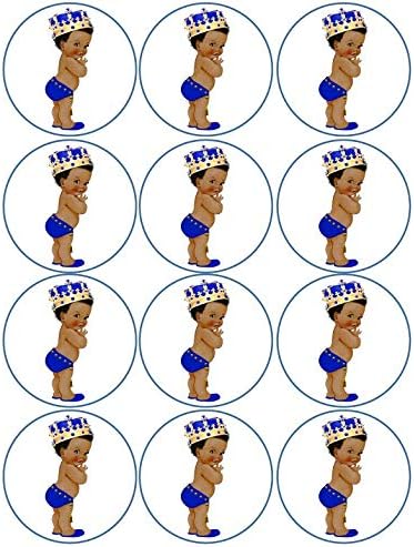 Royal Blue and Gold Little Prince Baby EDIBLE Cake Topper Image Prince Boy Curly Afro Prince Boy ICING SHEETS (2" Circles(15 per sheet))