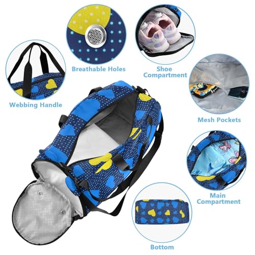 Polka Hearts Blue Kids Travel Duffel Bag for Boys Girls Overnight Weekend Tote Bag with Shoes Compartment for Dance Gym Sports4