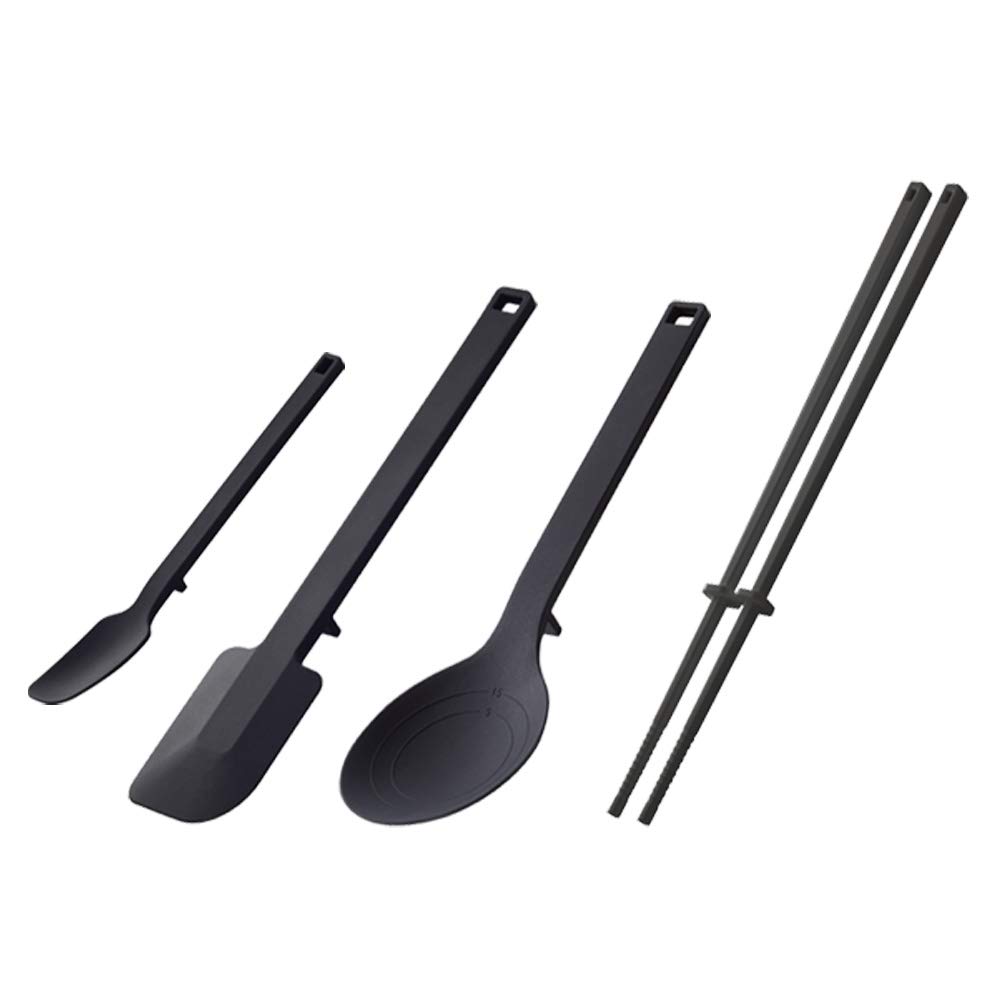 Yamazaki Industries 4273 4275 4277 4279 Silicone Tools Tower, 4-Piece Set, Spoon, Spatula, Cooking Spoon, Vegetable Chopsticks, Black