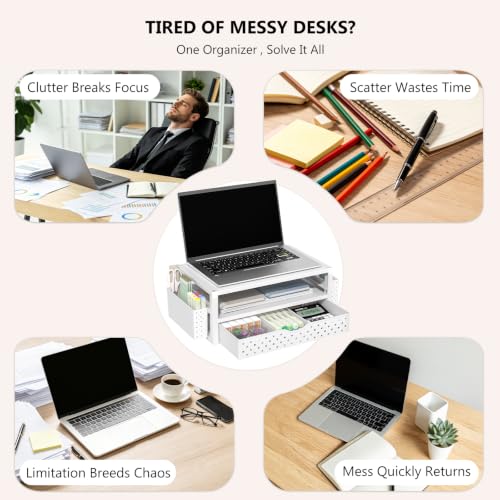 Image of WALI Desk Organizer with Drawer and Pen Holder, 3 Tier Computer Monitor Stand for Home Office Supplies, Laptop Stand Riser for Computer, Laptop, Printer(PTT004-W), 1 Pack, White