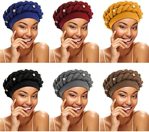 6 Pcs African Beaded Turban for Black Women Head Wrap Headscarf Braid Beanie Cap Elastic African Turban Hair Wrap Twisted Head Turbans Soft for Women Girl