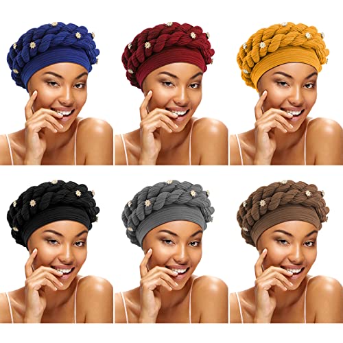 6 Pcs African Beaded Turban For Black Women Head Wrap Headscarf Braid Beanie Cap Elastic African Turban Hair Wrap Twisted Head Turbans Soft For Women Girl #TOP2