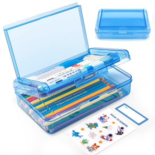 Image of Double Layer Plastic Clear Hard Pencil Cases Box with Personalized sticker | Colored Cute Pen Cases Box for School Office Supplies Marker Crayon Organizer Storage Box,Standard Size