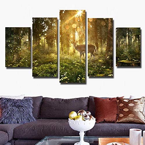 Tableau Mural Photo Cerf Sika pour Illuminer un Salon Grand Format 5 Panneaux