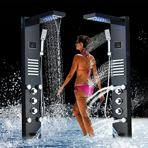 Panel de Ducha LED con Torre, Chorro Cascada y Lluvia, Sistema de Masaje y Grifo — Acabado Negro y Dorado Cepillado miniatura 2