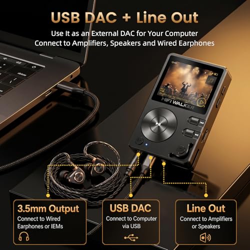 Image of HIFI WALKER H2, High Resolution MP3 Player with Bluetooth5.2, DSD DAC, HiFi Portable Digital Audio Player Lossless High-Res Music Player with 128GB Memory Card, Support Up to 512GB