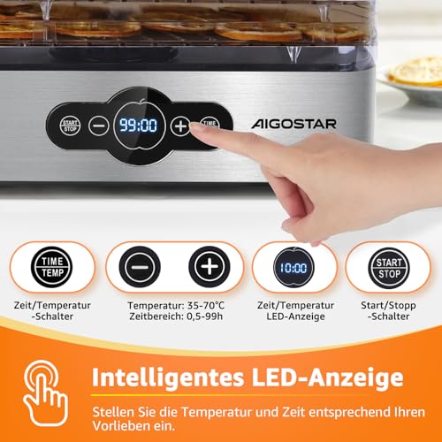 Foto von Aigostar Crispy - Dörrautomat, Dörrgerät mit Temperaturregler, 240W, 35-70°C, 99h-Timer, 5 Einlegefächer, Dörrautomat Edelstahl für Fleisch, Obst, Gemüse, Dehydrator - BPA frei