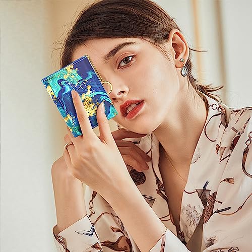 Image of Rouidr Womens Wallet, Small Slim RFID Card Wallets for Women, Cute Front Pocket Trifold Leather Card Organizer with 7 Slots & ID Window, Ocean Teal Marble