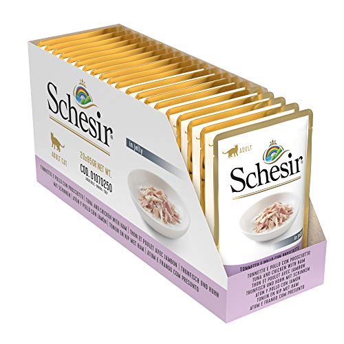 Schesir Cat Jelly Hühnerfilet mit Schinken, Katzenfutter nass in Gelee, 20 Beutel x 85 g