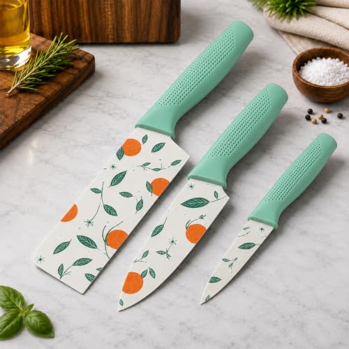 Image of BRAND VILLA Kitchen Knife Set of 3, Ultra Sharp Stainless Steel Chef Knife, Utility Knife & Paring Knife, Non-Stick Coated Blades, Ergonomic Anti-Slip Handle for Fruits, Vegetables & Meat (Green)