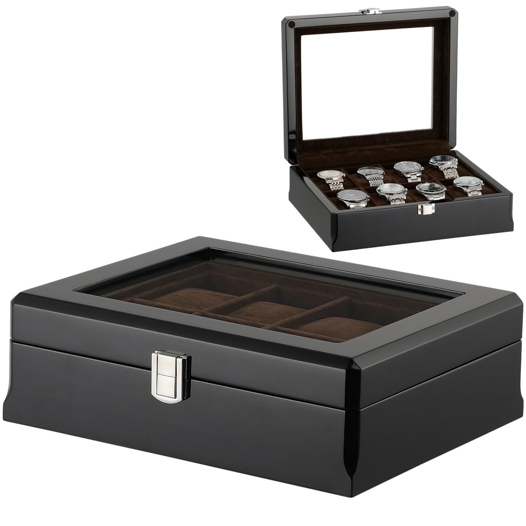 Organizador de relojes de madera, caja de reloj para hombre de 8 ranuras con parte superior de cristal, vitrina de madera con acabado lacado brillante, caja de regalo de reloj para hombres