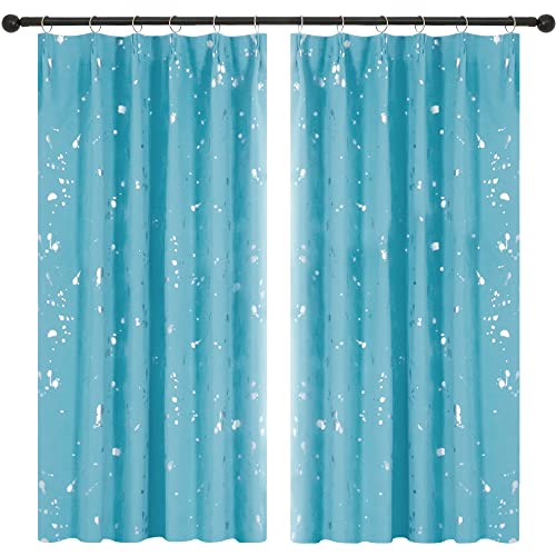 Deconovo 遮光カーテン 幅100cm丈110cm 2枚組 ターコイズブルー シルバー箔プリント 点柄 ドレープカーテン 断熱 遮熱 節電対策 昼夜目隠し