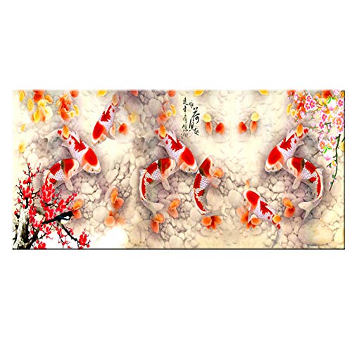liwendi Print Chinese Abstract Nine Koi Fish Lotus Painting Poster Feng Shui Wall Art Picture Living Room Home Decoration 30X 90Cm
