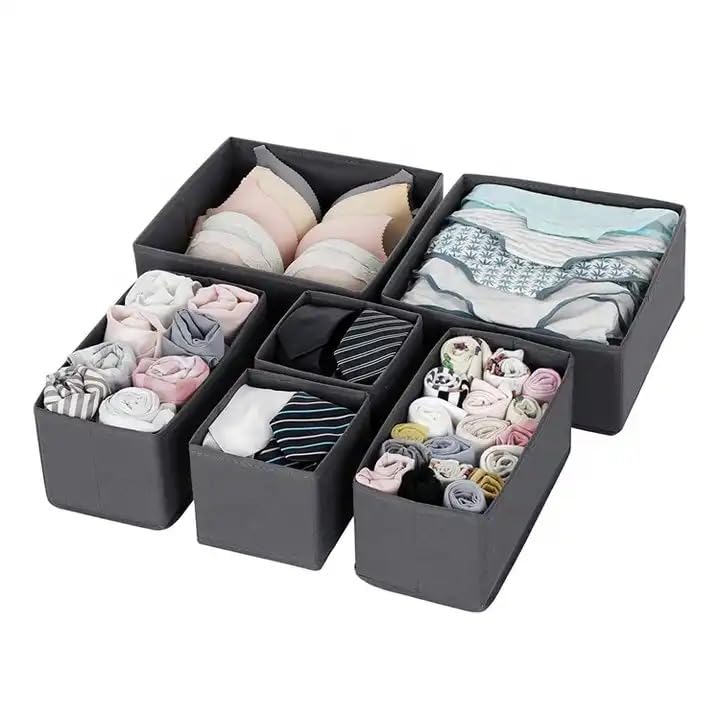 Premium 6-Piece Foldable Underwear Drawer Organizer Set and Closet Dividers,Storage Box for Clothes, Socks, Underwear (Light Grey)