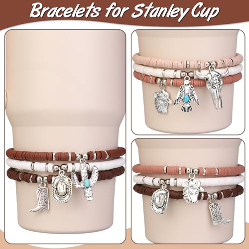 6PCS Bracelets for Stanley Cup Accessories, Western Cowboy Bracelet Stack Charms for Stanley Cup Decorations, Longhorn Bull Beads Charm Attachments for Stanley 40oz&30oz Tumbler with Handle3