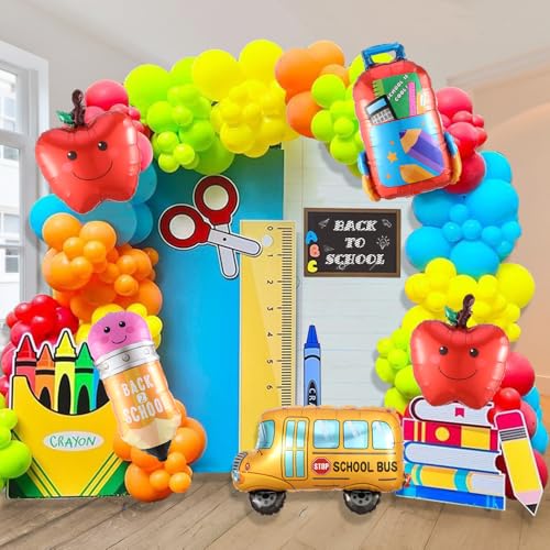 158pcs Back to School Balloon Garland Arch Kit School Bus House Pencil Bag Foil Balloon with Rainbow Balloons for First Day of School Kindergarten Graduation Party Supplies
