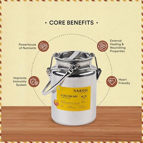Image of BAROSI A2 Desi Cow Ghee 2.5Litre | Bulk Value Pack | Traditional Bilona Method | Curd Churned Danedar Ghee | Lab Tested| Grass-Fed Desi Cow | Gut Friendly | Stainless Steel 403 Grade Dolchi(2500ml)