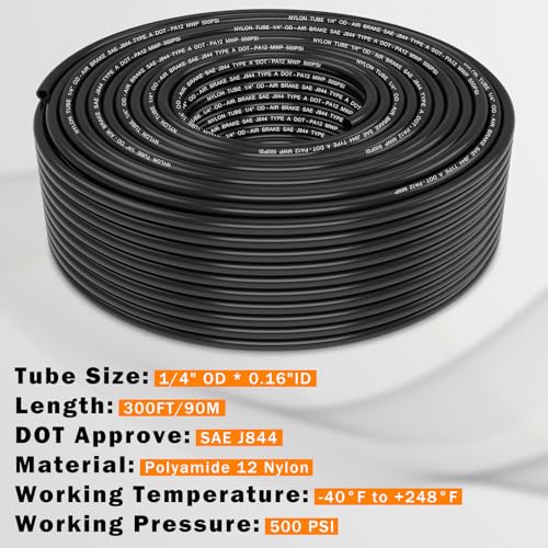 Image of CheeMuii 300 FT 1 /4 inch DOT Air Line 1 /4 PA12 Nylon Pneumatic Tubing 91 Meter 1 /4 Inch OD Pneumatic Air Tubing Pipe Hose Line for Semi Truck Trailer or Industrial Air System