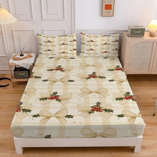 クリスマスシーツシングルリボンベッドカバー柔らかい通気性マイクロファイバー 3点セット防ダニ高反発 吸水 速乾 抗菌 防臭 防ダニと 2 枕カバー43x63 cm着脱簡単 丸洗い可能 マットレスカバー100x200x30 cm
