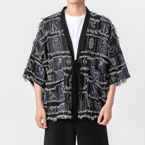 Men's Japanese Traditional Kimono Cardigan Casual Cotton Tassels Noragi Jacket Patchwork Print Yukata Coat Haori4