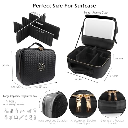 Image of MOMIRA Travel Makeup Bag Cosmetic Bag Makeup Organizer Bag with Lighted Mirror, Adjustable Brightness in 3 Color Scenarios, Waterproof Makeup Train Case, Gift for Women - Woven black