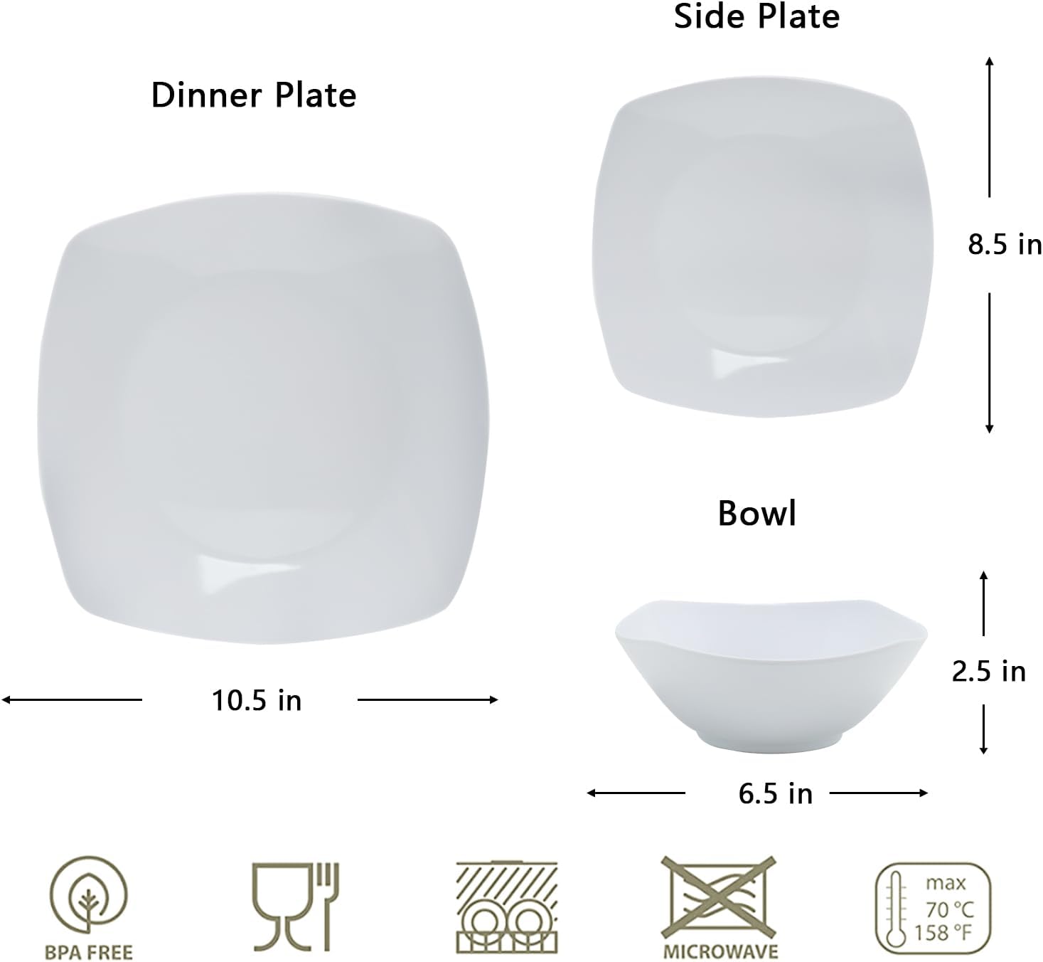 Melamine Dinnerware Sets, Square Dinnerware Sets, White Color Plates and Bowls Sets for 4, Unbreakable Dishwasher Safe BPA Free