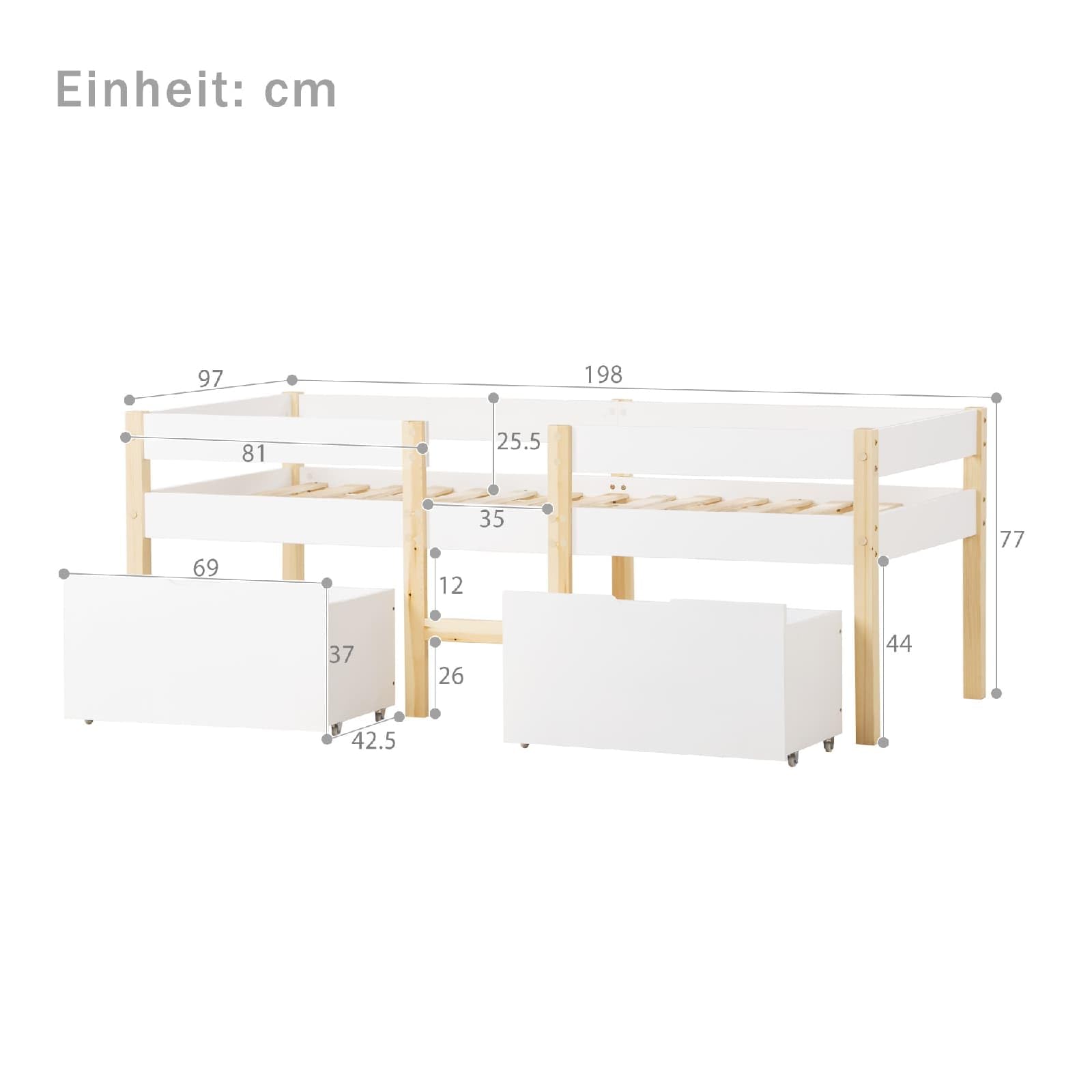PUGSDRLY Lit d'enfant 90x190cm,Lit mi Hauteur avec Clôture de Sécurité et 2 Grands Tiroirs de Rangement,Cadre de Lit avec Sommier à Lattes en Bois,Lit Mezzanine Enfant(sans Matelas) (90x190-B)