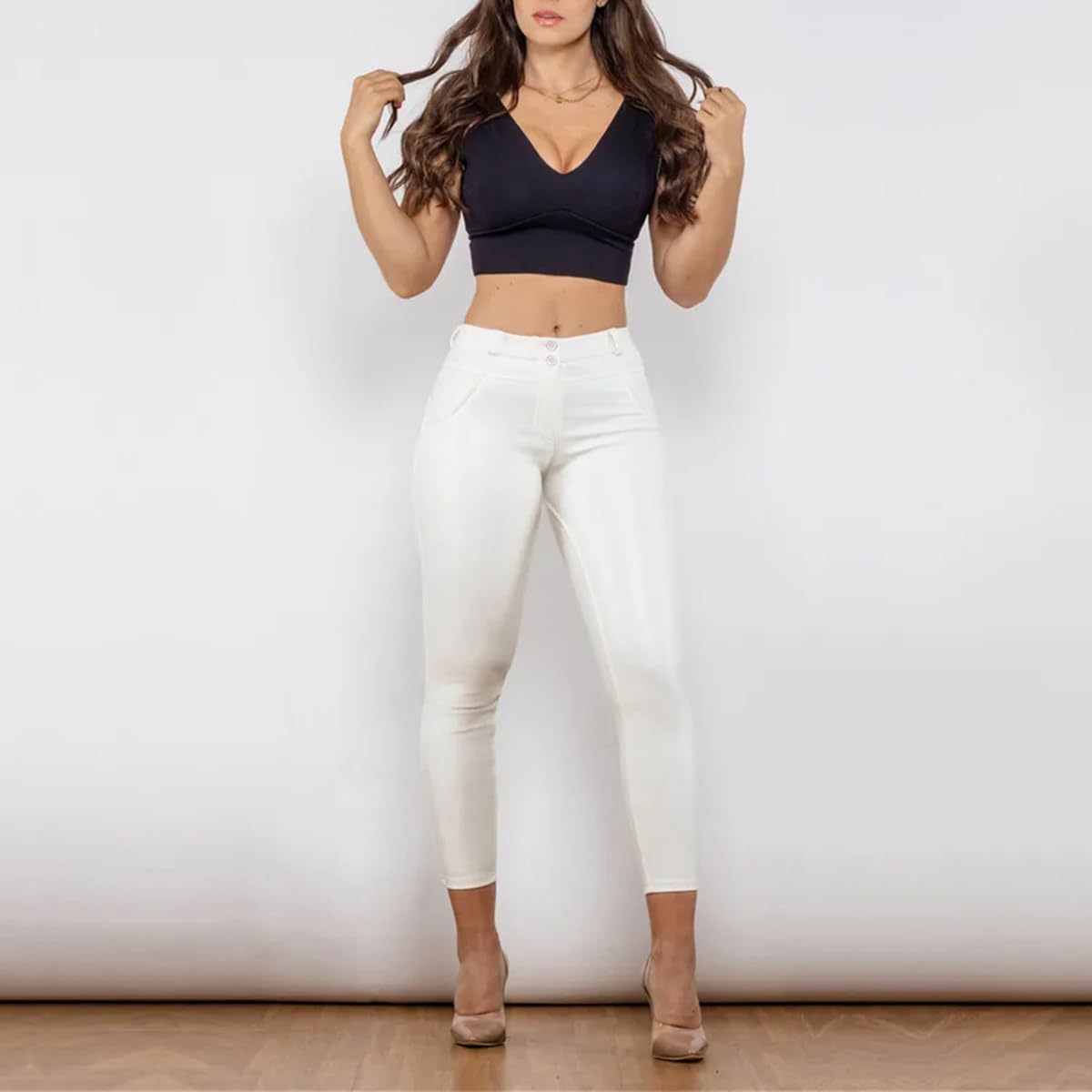 Pantalones De Cuero para Mujer, Mallas Push-Up, Pantalones Vaqueros Ajustados, Pantalones Blancos De Cintura Media, Pantalones De Correr Informales De Longitud Completa