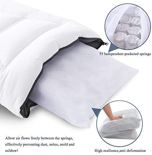 Lavisun Bed Pillow Pocket Spring Back & Neck Pillow with Hypoallergenic Cotton and 55 Springs and Washable Reversible Pillowcase,20"x 30" Queen Size Pillow - Pack of 1