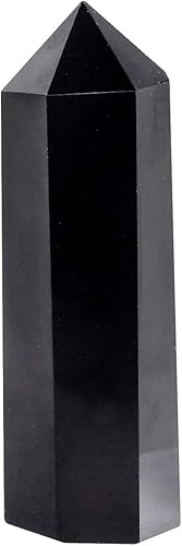 SUNYIK Varita de puntos de cristal curativo de piedras preciosas, prisma de varita de un solo terminado para meditación, obsidiana negra