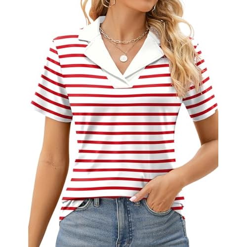 Rapbin Women's Polo Shirts Lapel Collar V Neck Short Sleeve Blouse Dressy Casual Tunic Tops Red Stripes XX-Large