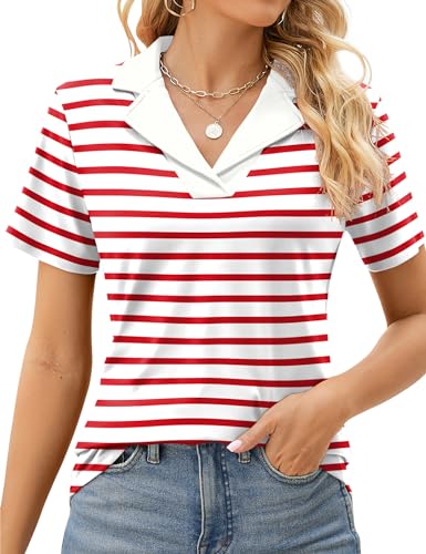 Blusa polo con cuello en v Rapbin para mujer en color rojo con rayas talla S