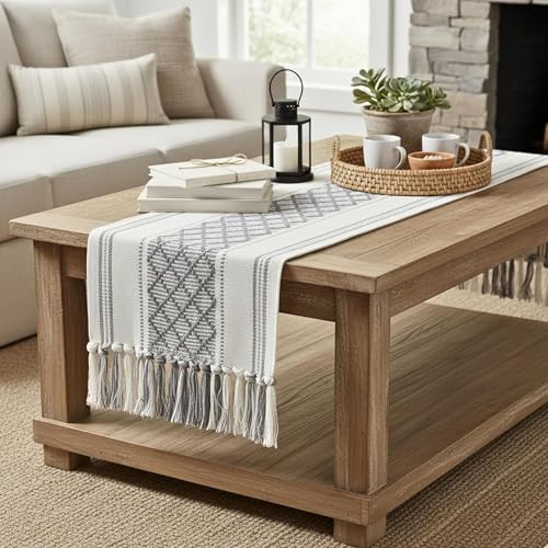 Image of Curated Cart Boho Table Runner 13x70 Inch with Tassels - Cotton Table Runner for 6 Seater Dining Table, Centre Table Runner for Living Room, Farmhouse Dining Table Decor (Grey)