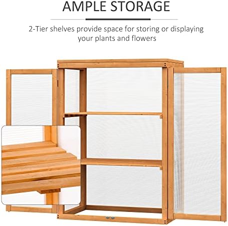 Outsunny 3-tier Wood Greenhouse Garden Polycarbonate Cold Frame Grow House w/ Storage Shelf for Plants, Flowers, Natural