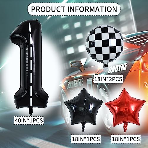 Image of TONIFUL 40 Inch Race Car 1st Birthday Balloons Racetrack Number 1 Black White Checkered Star Boys Car Themed Birthday Party Decor