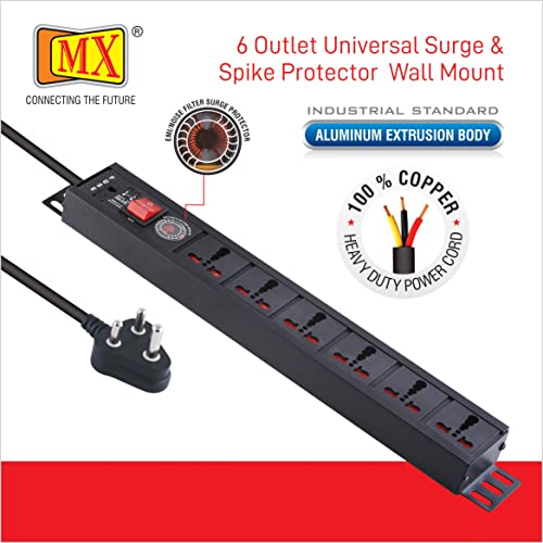 Image of MX Universal Socket Extension Board with Child Safety Shutter Power Strip Wall /Desk Mount Heavy Duty Alumminium Extrusion Body (6-Outlet Universal Spike Protector 1.5 MTR)