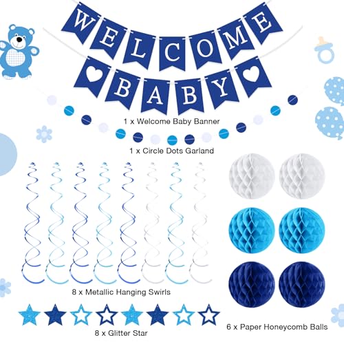 Image of WinnerWhy 25 Pcs Baby Shower Decorations for Boy, Blue Welcome Baby Banner with Glitter Stars, Hanging Swirls, Honeycomb Balls, Circle Dots Garland Boy Blue Decorations for Gender Reveal Party Decor