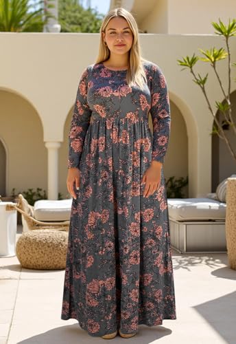 Image of Nemidor Plus Size Maxi Dress for Curvy Women Fall Casual Loose Long Sleeve Dresses with Pocket 14-26