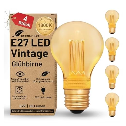 4x greenandco® Vintage Design LED Birne im Retro Stil zur Stimmungsbeleuchtung E27 A60 Edison Glühbirne, 2W 65lm 1800K extra warmweiß 320° 230V flimmerfrei, nicht dimmbar, 2 Jahre Garantie
