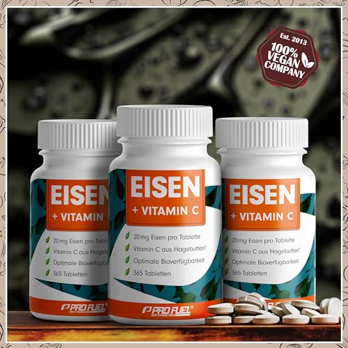 Eisentabletten hochdosiert 365x mit 20 mg Eisen + Vitamin C (20mg) aus Hagebutten - bioverfügbares Eisenbisglycinat + natürliches Vitamin C aus Hagebutten-Extrakt - laborgeprüft mit Zertifikat